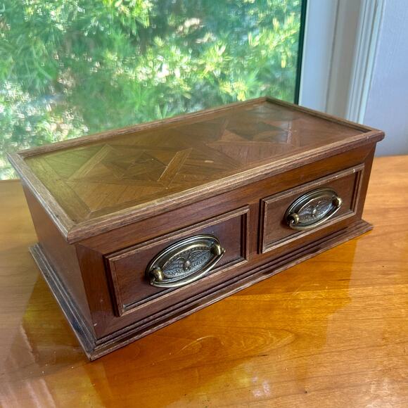Vintage Wooden Parquet Style Two-Drawer Jewelry Trinket Box with Brass Pulls - Picture 5 of 16